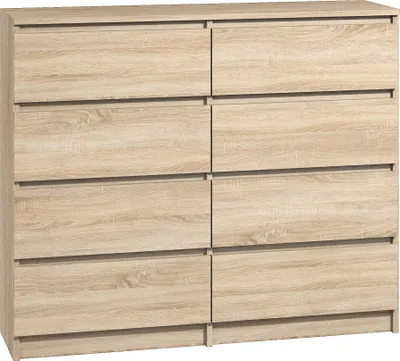 A front view of a light brown wooden dresser with eight drawers.