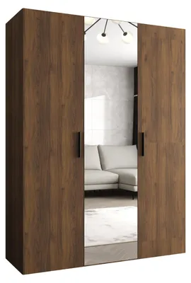 Produktbild von MEBLE KRYSPOL Schrank 150x202x52 cm mit Kleiderstange & Spiegel, 3xTür, BARI, Warmia-Nuss, Griff Schwarz