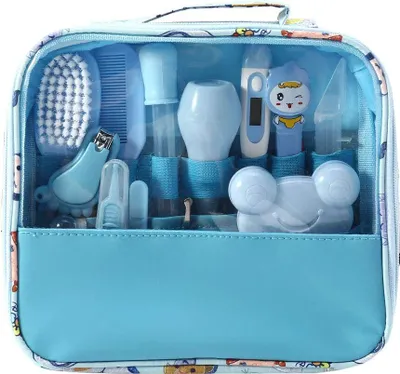 Produktbild von XS Babypflegeset Erstausstattung Blau, 13 Teile, Nagel- & Nasenpflege, Sanfte Haarpflege, inklusive Handtasche (Kunststoff, Edelstahl, Silikon), Maße 24x21x4,5 cm