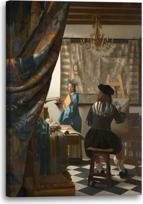 Produktbild von Leinwandbild (40x60cm): Jan Vermeer - Die Allegorie der Malerei (1666/1668), echter Holz-Keilrahmen inkl. Aufhänger, handgefertigt in Deutschland