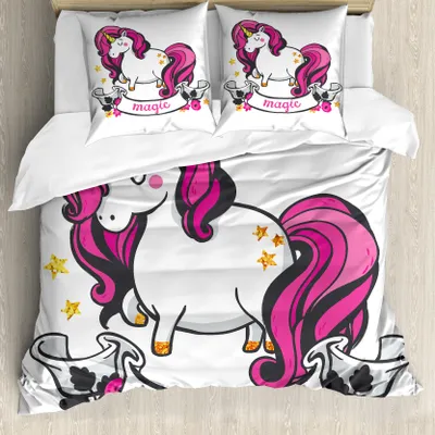 Produktbild von ABAKUHAUS Einhorn Bettbezug, Einhorn mit rosa Haaren, Milbensicher Allergiker geeignet mit Kissenbezügen, 200 cm x 200 cm - 80 x 80 cm, rosa, Weiß,