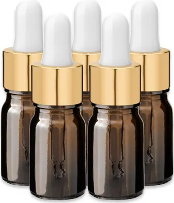 Produktbild von 5x Glasflasche braun 5 ml mit goldener Aluminium Pipette Tropfflasche