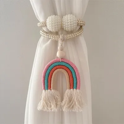 2 Vorhanghalter Boho Quasten Regenbogen Holzperlen Rosa