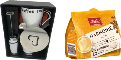 Produktbild von Tassenset plus Melitta Mild 1 Packung Kaffeepads 2 Keramiktassen 2 Edelstahlschablone, 2 Baumwollservietten
