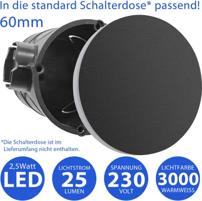 Produktbild von 6 x Moderne LED Treppenbeleuchtung rund 2,5W Schwarz - 6107R-BK