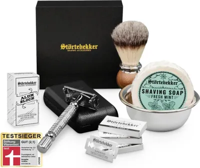Produktbild von Störtebekker® Premium Rasierset - Rasierhobel Silber – inkl. Echtlederetui (Schwarz) - Rasierseife Fresh Mint Duft - Rasurset / Bartpflege Set