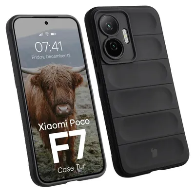 A black phone case is shown next to a smartphone displaying a lock screen.