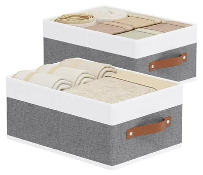 Produktbild von Set mit 2 faltbaren Aufbewahrungsboxen aus Stoff mit Griffen, Kleiderschrank-Organizer, Kleiderkorb, 33 × 23 × 14 cm, weiß