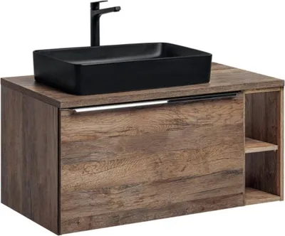 Image de Ensemble de salle de bain VANTA chêne : meubles sous vasque 100cm + plan vasque + 1 vasque noire à poser