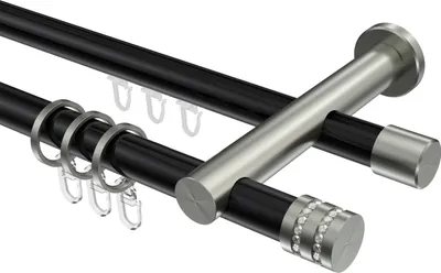 Produktbild von Interdeco Rundrohr-Innenlaufstange / Gardinenstange (Kombination) Schwarz / Edelstahl-Optik, Typ Platon Estana (Glitzerkappe), 20 mm Ø 2-läufig, 220 cm