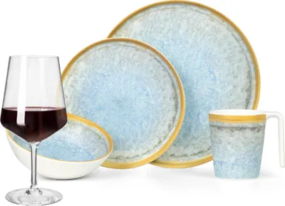 Image de Mélamine Vaisselle de camping Set 4 personnes Crystal Blue + 4 verres à vin rouge Milano Verres à vin rouge Vaisselle de pique-nique BBQ Vaisselle de cuisine