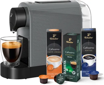 Produktbild von Tchibo Cafissimo „Pure plus“ Kaffeemaschine Kapselmaschine inkl. 30 Kapseln für Caffè Crema, Espresso und Kaffee, 0,8l, 1250 Watt, Grey