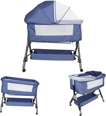 Produktbild von 3 in 1 Beistellbett,Babywiege,Reisebett, 4-stufig Höhenverstellbares Babybett neigbar,Kinderbett inkl. Matratze,Stubenwagen für Babys bis 9kg belastbar,4 Räder (Marineblau)