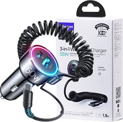 Produktbild von Joyroom 3-In-1-Schnellladegerät Fürs Auto Mit Usb-Typ-C-Kabel, 1,5 M, 55 W, Schwarz (Jr-Cl07)