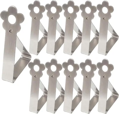 Produktbild von 10 Stück Tischdeckenclips für den Außenbereich, verstellbar, Edelstahl, florales Design, sichert Tische mit einer Dicke von 2,5 bis 3,5 cm, für Picknicks, Gärten, Hochzeiten, Küchen, Partys (Silber)