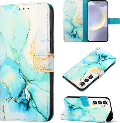 Produktbild von Galaxy S24+ Hülle, Marmor Motiv Kunstleder Tasche Kartenfächer mit Standfunktion Schutzhülle für Samsung Galaxy S24+ Grün