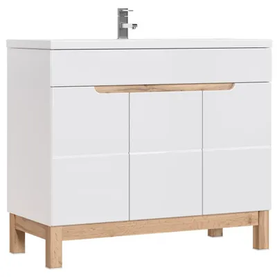 Image de Meuble sous vasque ERMANO – Chêne clair et blanc brillant – 100x84 cm – 3 portes – À poser