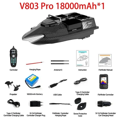 Obrázek produktu pro V803 – RC krmný člun – Pro 18 000 mAh (1x) – dosah 500 m – nosnost 3 kg – 4 krmné komory – dvojité antény – dva motory
