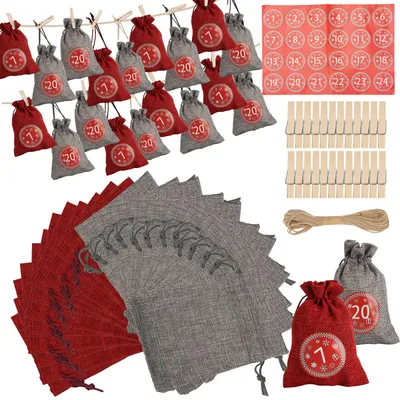 Produktbild von Vigevee Adventskalender Beutel 24 Stück mit Nummernstickern, befüllbare Stoffbeutel für DIY Weihnachtsdeko und Geschenke