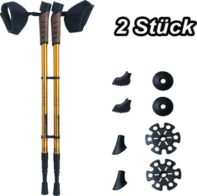 Produktbild von VOSSBACH® Alu Nordic Walking Teleskop Stöcke inkl. 12 Aufsätze Wanderstöcke Trekkingstock Aluminium Trekking Wander Gehstock Gold