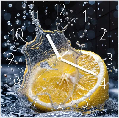 Produktbild von Wanduhr aus Glas mit Motiv Zitronenspritzer- 30 x 30 cm - inkl. Aufhängesystem