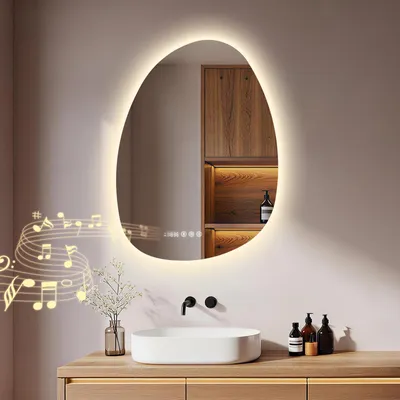 Produktbild von S'AFIELINA 75 x 55 cm Badspiegel mit Beleuchtung Asymmetrisch mit 3 Lichtfarben dimmbar, beschlagfrei, Bluetooth, Uhr, Temperatur, Speicherfunktion