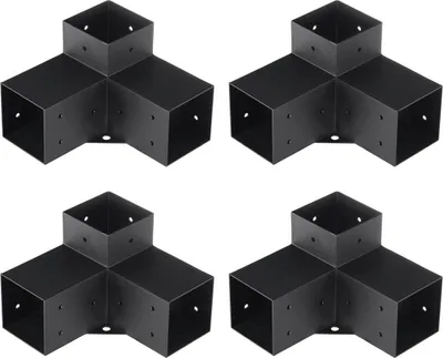 Image de Kit de supports pour pergola 4''x4'', dimensions intérieures 3,6"x3,6 4 pièces Supports d'angle robustes à 3 voies Kit de base pour poteaux DIY pour menuiserie, installation facile Poutres en bois pour gazebos, pergolas de patio, cabanes en rondins Quincaillerie pour pergolas extérieures