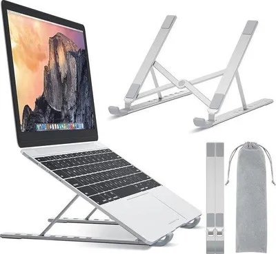 Obrázek produktu pro Uniqoos® – Skládací stojan na notebook z hliníku, určený pro notebooky a tablety o velikosti 10–17,3 palců, s 7 úrovněmi nastavení výšky (7,5–17 cm), s ventilací, rozměry 252×40×17 mm, nosnost až 20 kg