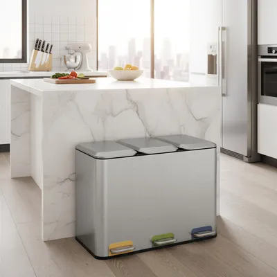 Obrázek produktu pro SONGMICS HOME třídič odpadu se 3 vnitřními koši o objemu 15 l, ocelový odpadkový koš s pedálem, do kuchyně, s víkem, stříbrný