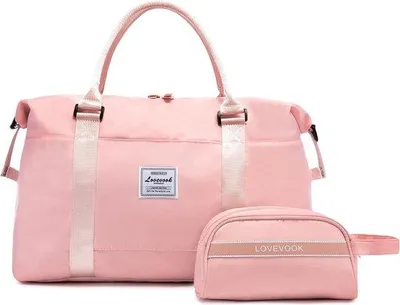 Zdjęcie produktu dla Torba podróżna damska Unyqoos® – wodoodporna torba podręczna i sportowa, torba weekendowa o wymiarach 55×27×18 cm (wysokość x szerokość x głębokość), waga 0,6 kg, kolor różowy, z podkładkami na ramię, kosmetyczka 23×12×10 cm, pokrowiec na walizkę