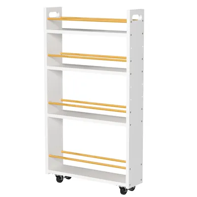 A white, four-tier rolling shelf unit with bamboo accents.