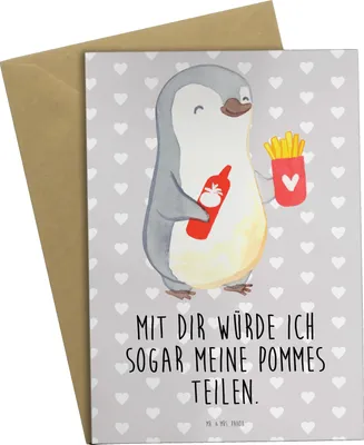 Produktbild von Mr. & Mrs. Panda Klappkarte Pinguin Pommes - Grau Pastell - Geschenk, glückwunschkarten, Freundin, für Frauen, weihnachtskarten, Hochzeitstag, Valentinstag, dankeskarten