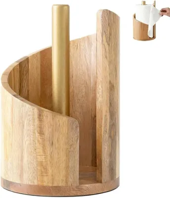 Productafbeelding van Keukenrolhouder, houten papierrolhouder staand, metalen stang, voor keuken
