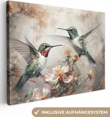 Zdjęcie produktu dla MuchoWow® - Obraz na płótnie - Koliber - Ptaki - Kwiaty - Rośliny, fototapeta, dekoracja ścienna do salonu, 80x60cm