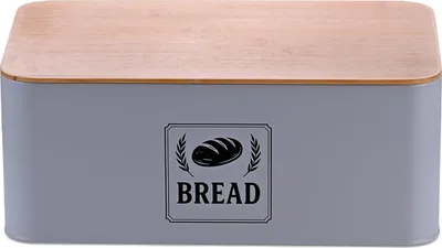 Produktbild von Relaxdays Brotkasten, Bambusdeckel, Metall, HxBxT: 13,5 x 33 x 19 cm, Retro Brotaufbewahrungsbox, Brotbehälter, grau