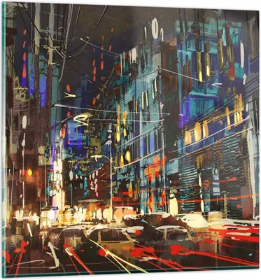 Produktbild von Bilder auf glas - Stadt Nacht Straße - 70x70cm - Glasbilder - Wandbilder - Kunstdruck - zum Aufhängen bereit - Wanddekoration aus Glas - Glas Bilder - Wandbild auf Glas - Einteilig - GAC70x70-3787