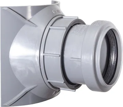 A close-up view of a gray plumbing fitting, likely a pipe connector or adapter, against a white background.