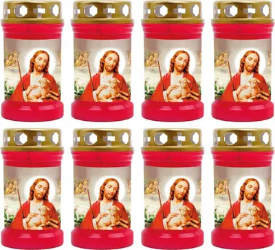 Image de Bougie funéraire - Lot de 8 - Rouge 40h ( couvercle doré ) - Jésus avec l'agneau
