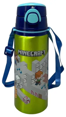 Image de Bouteille en aluminium avec paille, Minecraft, 730 ml. Bouteille auto-ouvrant pour enfants, avec bandoulière