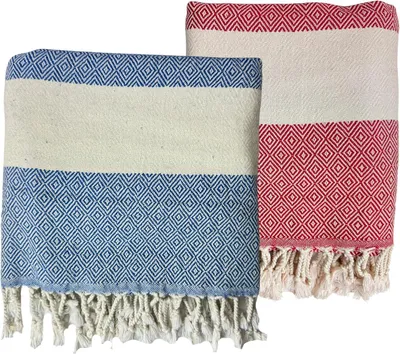 Produktbild von Strandtuch - Saunatuch - Turkish Hamamtuch - 100% Baumwolle Handtücher 90x180 cm - Rot & Blau