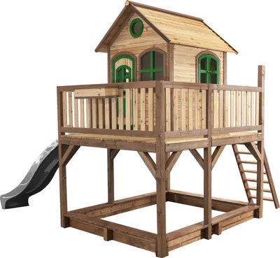 Produktbild von AXI Spielhaus Liam mit Sandkasten & grauer Rutsche | Stelzenhaus XXL in Braun & Grün aus Holz für Kinder | Spielturm mit Wellenrutsche für den Garten