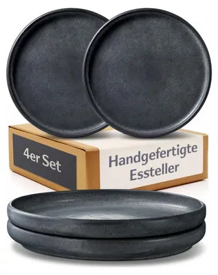 Produktbild von Cosumy 4er Speiseteller Set aus Steingut Ø26 cm – Handgefertigte Essteller Schwarz – Elegantes Geschirr Set 4 Personen – Mikrowellen- & Spülmaschinenf