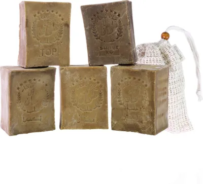 Produktbild von TUMELO Original Aleppo Seife Set 5 x 200g (1kg) 60-95% Olivenöl 5-40% Lorbeeröl + Sisal Seifensäckchen, handgemachte Olivenölseife Naturseife, Probierset