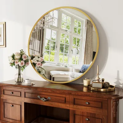 Image de Miroir rond ProximaX pour salle de bain, diamètre 75 cm, finition dorée, avec cadre en aluminium, verre de sécurité anti-déformation, à fixer au mur