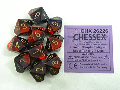 Obrázek produktu pro Chessex Gemini fialovo-červeno-zlatá sada kostek D10 (10 kusů)