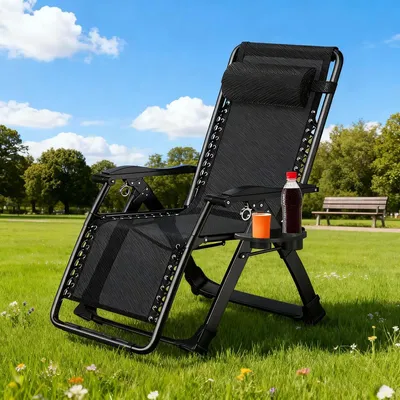 Obrázek produktu pro Zahradní lehátko Skládací lehátko Relaxační lehátko na balkon, skládací lehátko s nosností 200 kg, kempingová židle s nastavitelným opěradlem pro venkovní zahradní terasu, černá barva