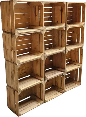 A stack of wooden crates arranged in a grid formation against a white background.