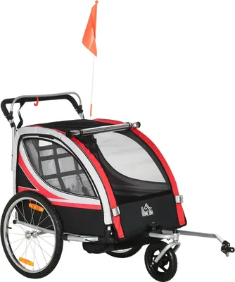 Productafbeelding van Kinderfietsaanhanger 2-in-1, met vering, gaasdeur, 360° draaiend voorwiel, rem, rood+zwart, 142X75X101Cm