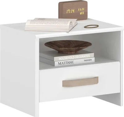 Immagine prodotto di Comodino Sueno con cassetto portaoggetti - decoro bianco/rovere