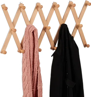 Produktbild von Relaxdays Wandgarderobe Holz, ausziehbare Garderobenleiste, 17 Kleiderhaken, für Jacken, Scherengarderobe faltbar, natur